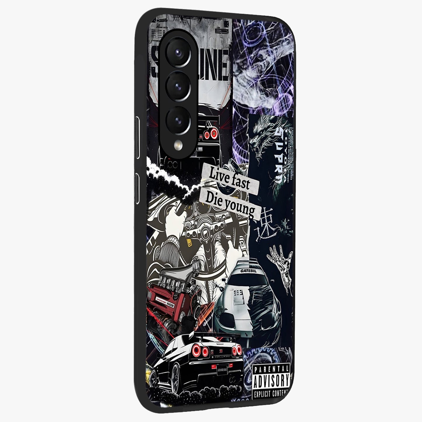 Die Young Glass Case upright view showcasing striking typography artwork with modern statement theme.