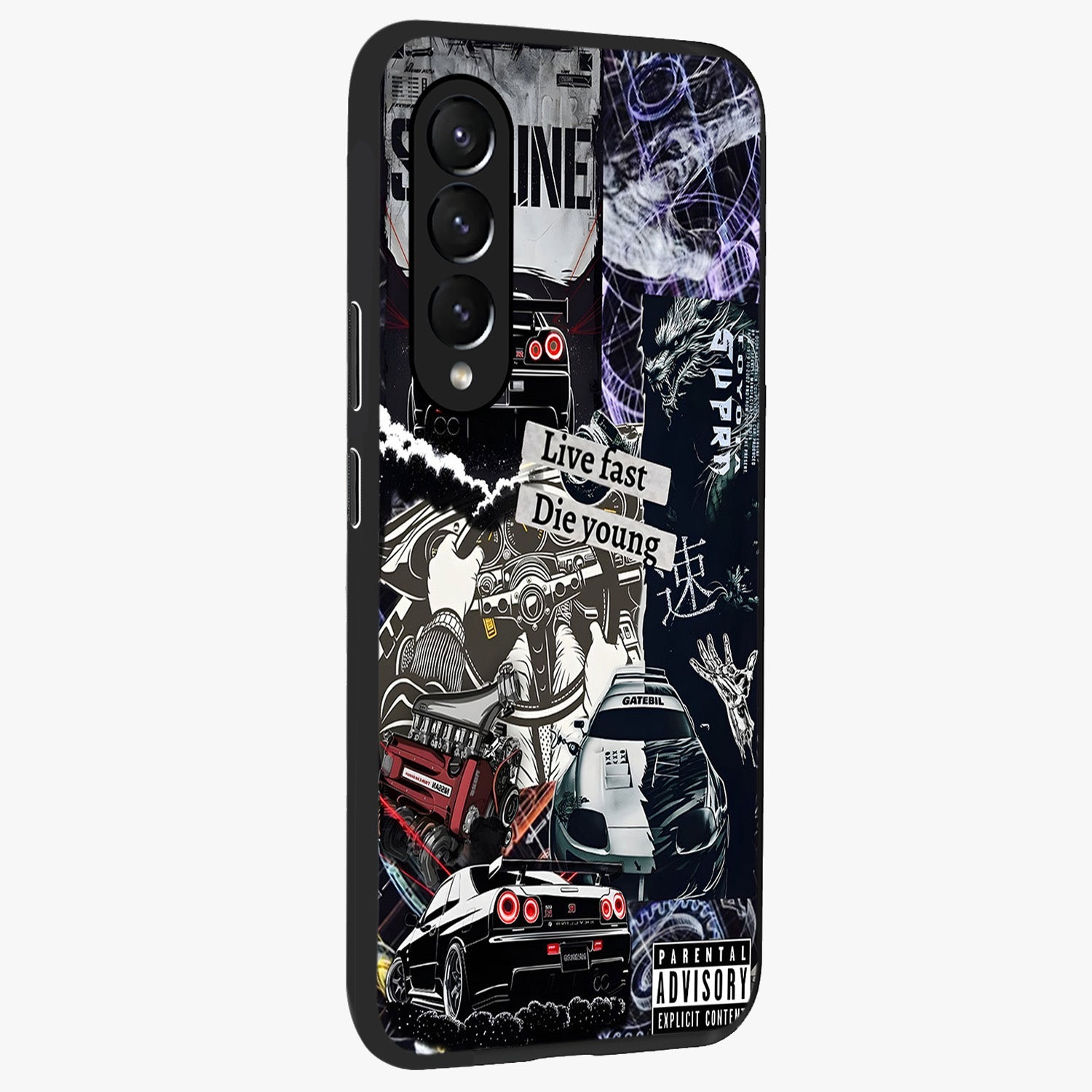 Die Young Glass Case upright view showcasing striking typography artwork with modern statement theme.