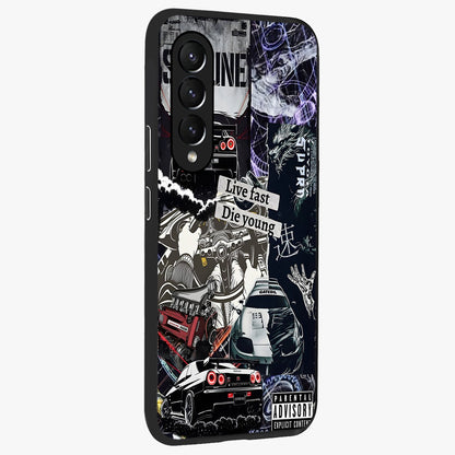 Die Young Glass Case upright view showcasing striking typography artwork with modern statement theme.