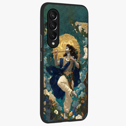 Divine Krishna Art Glass Case upright view showcasing divine Krishna artwork with sacred artistic theme.