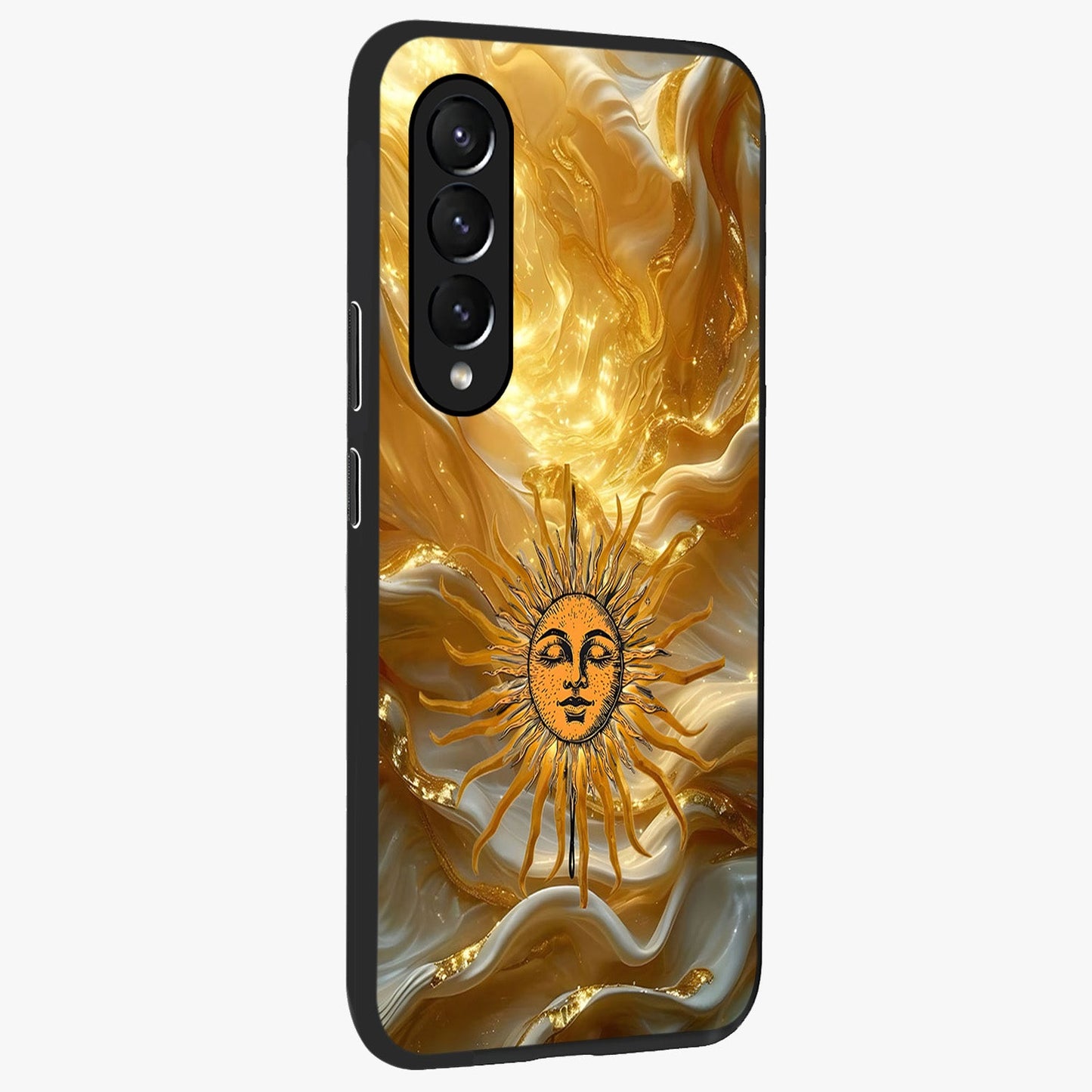 Eternal Golden Glow Glass Case upright view showcasing luminous golden artwork with luxurious visual theme.