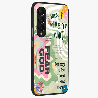 Faith Over Fear Glass Case upright view showcasing bold typography artwork with uplifting motivational theme.