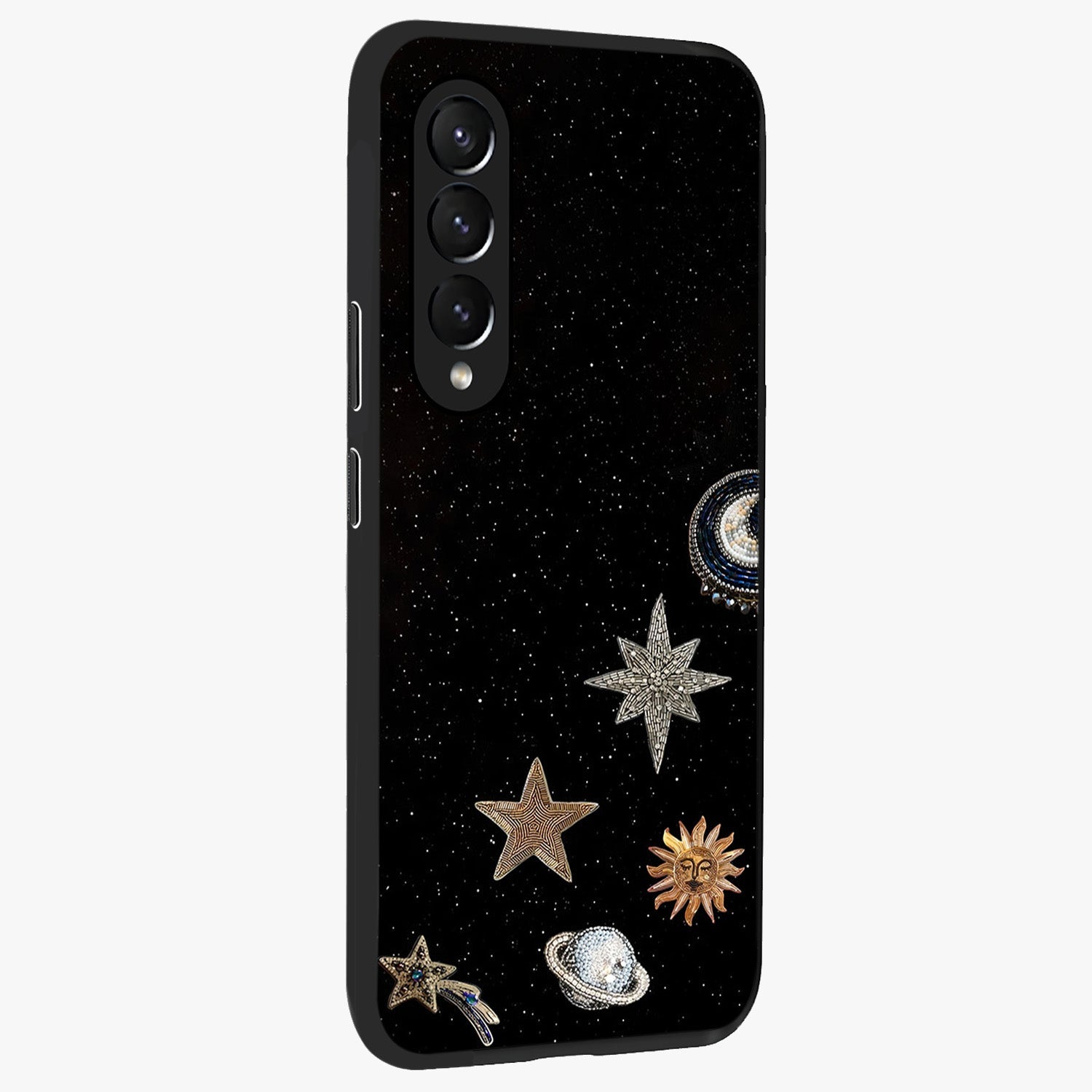 Galactic Charm Glow Glass Case upright view showcasing glowing cosmic charm artwork with magical celestial style.