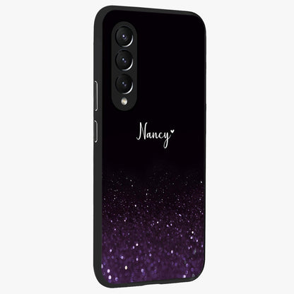 Glittery Purple Bokeh Custom Name Glass Case upright view showcasing vibrant purple sparkle artwork with personalized aesthetic style.