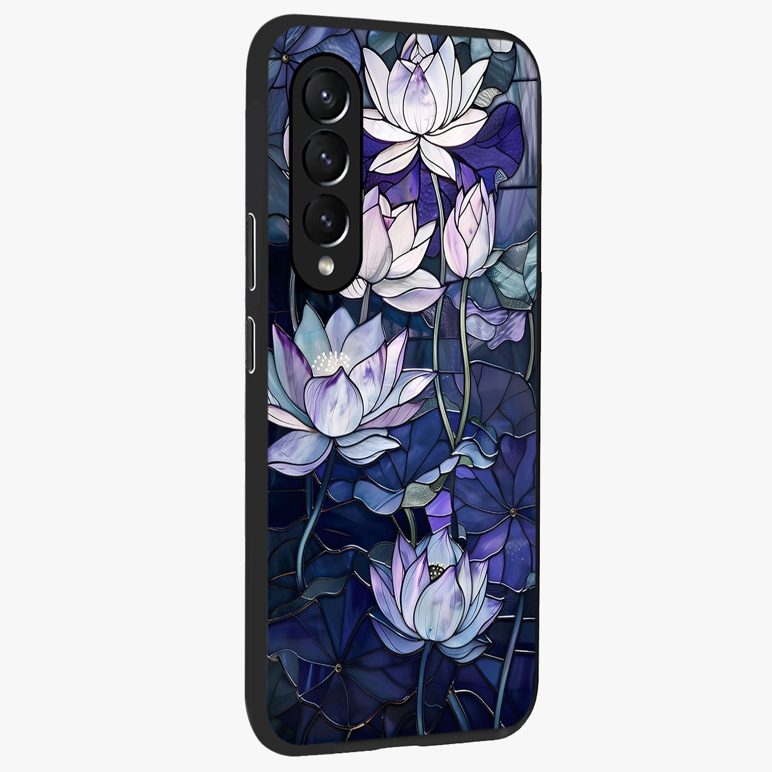 Gloss Petal Rush Glass Case upright view showcasing dynamic floral petal artwork with modern botanical theme.