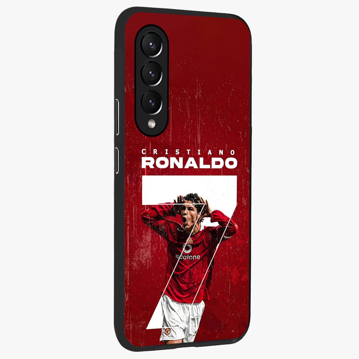 Goal Celebration Legacy Glass Case upright view showcasing dynamic football inspired artwork with victory celebration aesthetic.