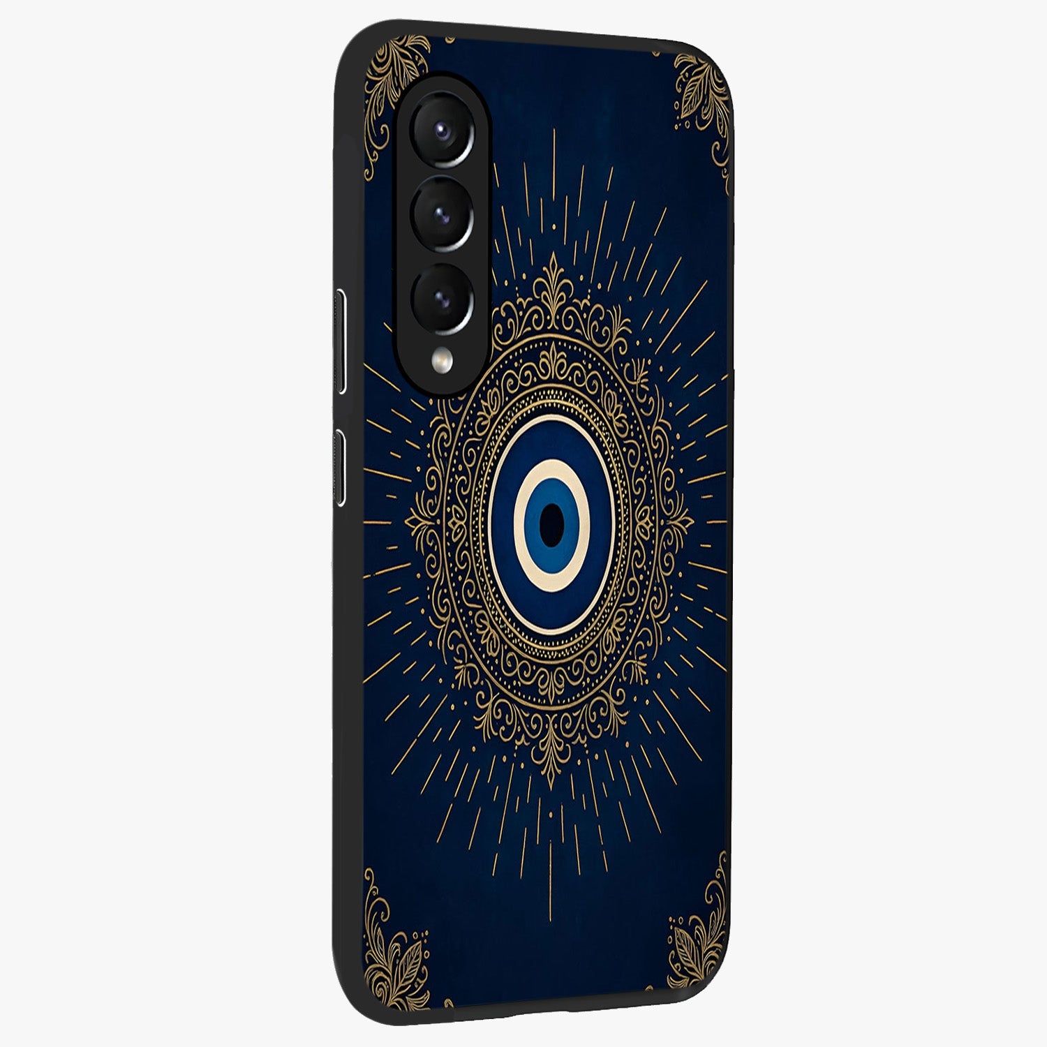 Golden Celestial Charm Glass Case upright view showcasing radiant celestial artwork with elegant golden theme.