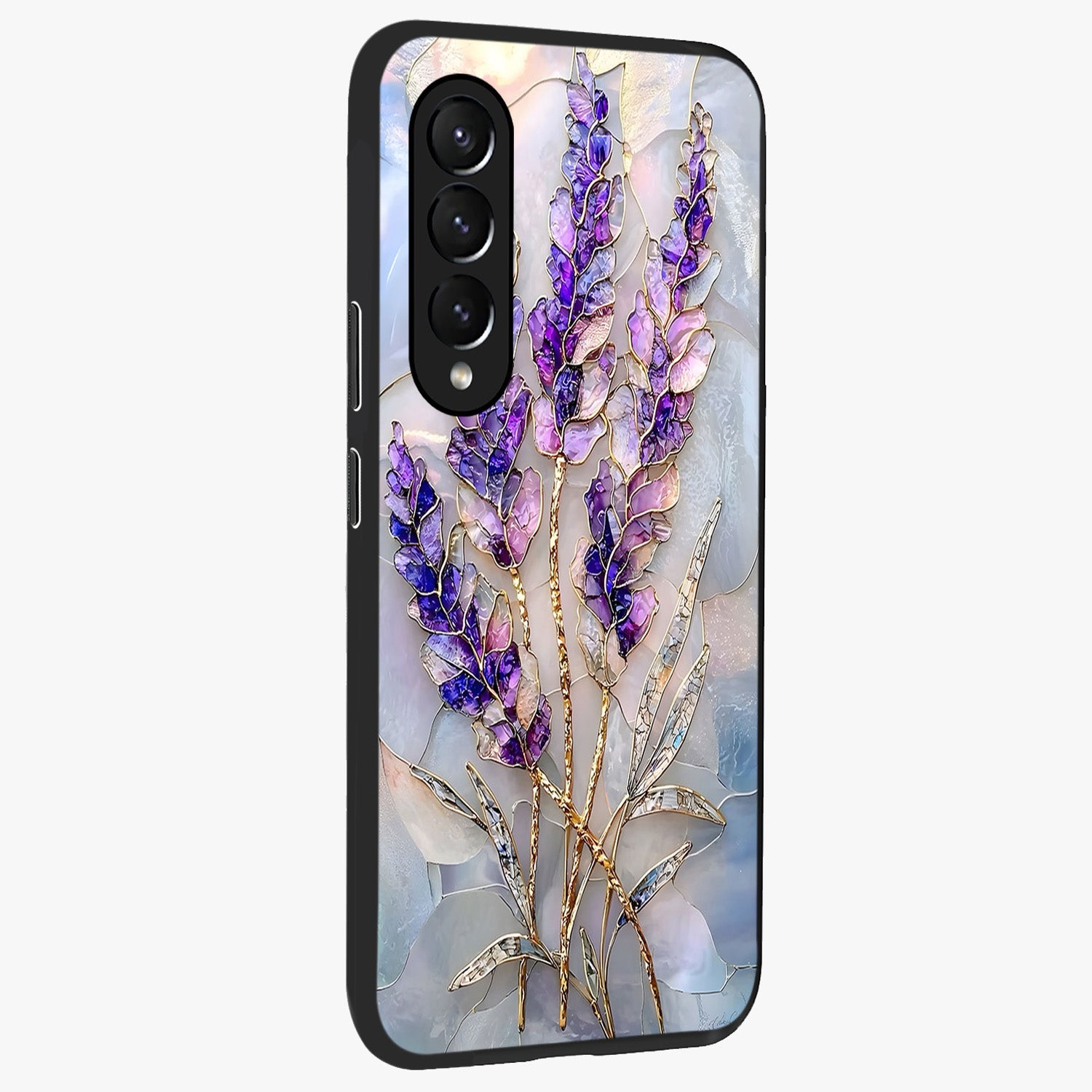 Lavender Dream Glow Glass Case upright view showcasing radiant lavender glow artwork with calming dreamy theme.