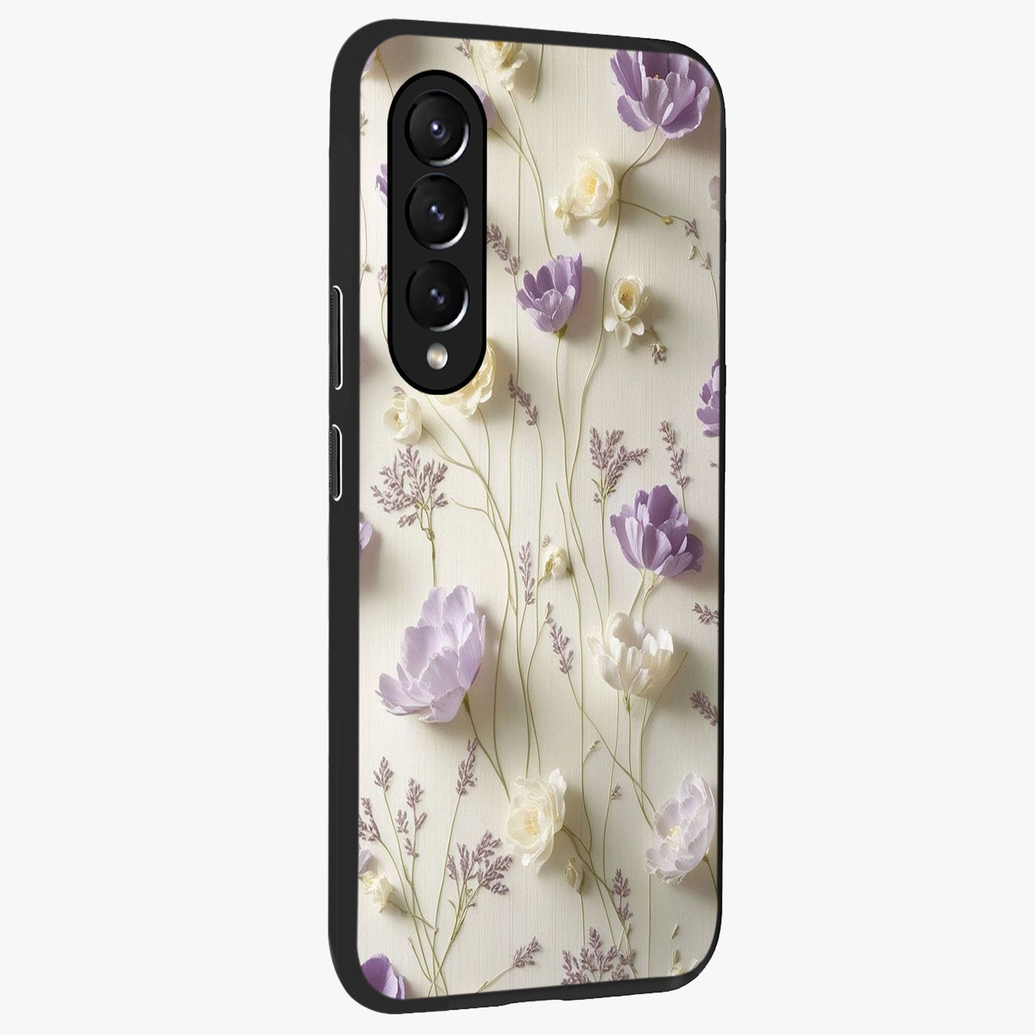 Lilac Breeze Harmony Glass Case upright view showcasing delicate lilac artwork with peaceful floral theme.