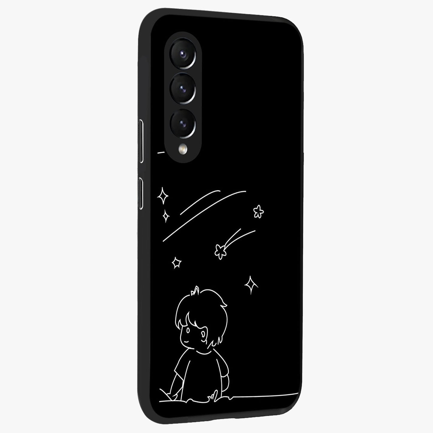 Line Art Boy With Shooting Stars Glass Case upright view showcasing artistic shooting star illustration with minimal style.