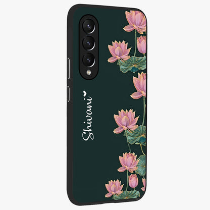 Lotus Bloom Serenity Custom Name Glass Case upright view showcasing serene lotus bloom artwork with personalized floral aesthetic.