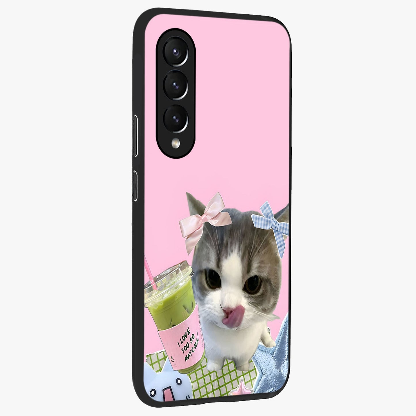 Love Matcha Cat Glass Case upright view showcasing adorable cat artwork with charming matcha themed design.