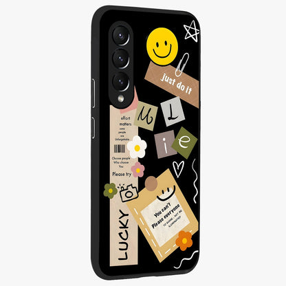 Lucky Aesthetic Collage Glass Case upright view showcasing vibrant collage artwork with youthful aesthetic theme.