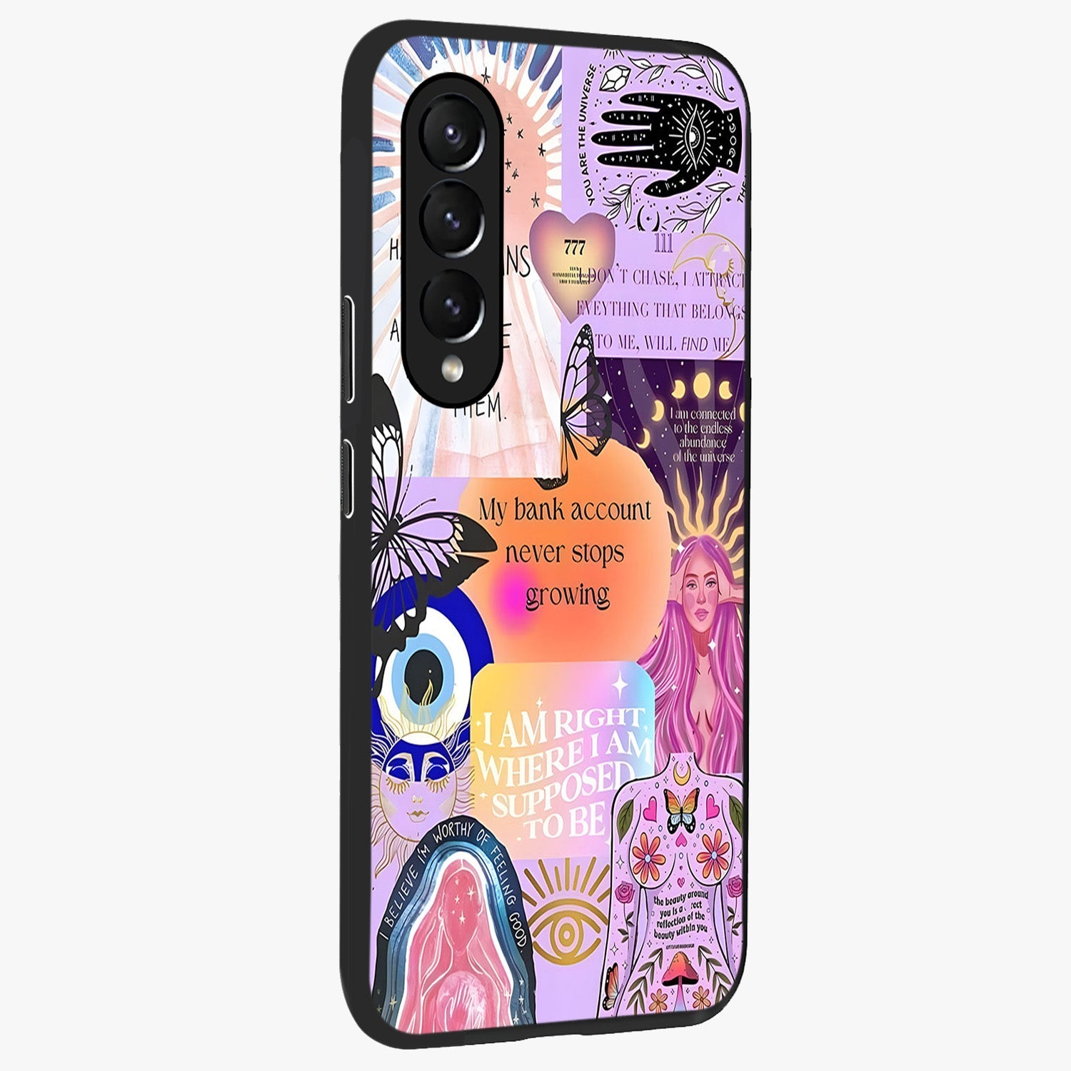 Manifestation Collage Glass Case upright view showcasing artistic manifestation themed artwork with creative style.