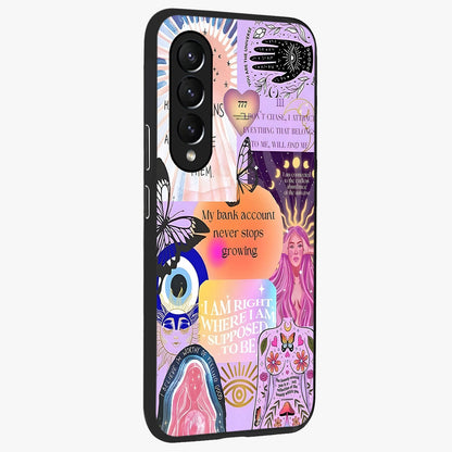 Manifestation Collage Glass Case upright view showcasing artistic manifestation themed artwork with creative style.