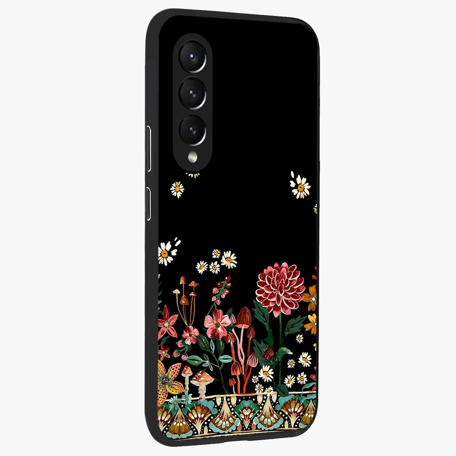 Midnight Bloom Pattern Glass Case upright view showcasing decorative floral artwork with deep night themed palette.