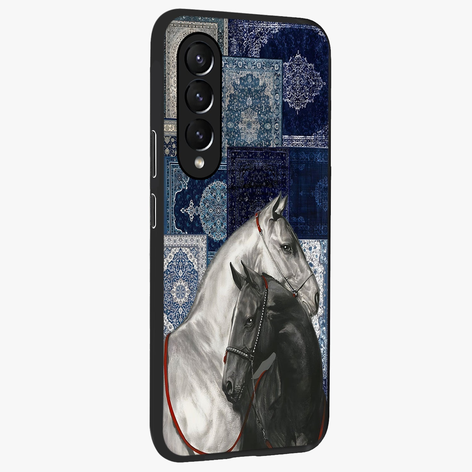 Midnight Stallion Blues Glass Case upright view showcasing dramatic horse artwork with bold artistic theme.