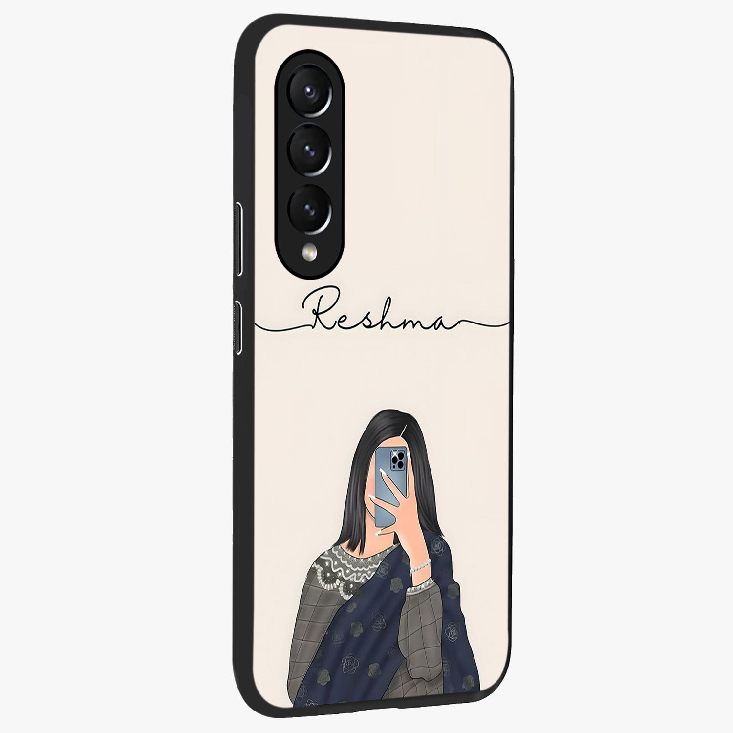 Mirror Mood Muse With Custom Name Glass Case upright view showcasing artistic mirror themed artwork with personalized aesthetic.
