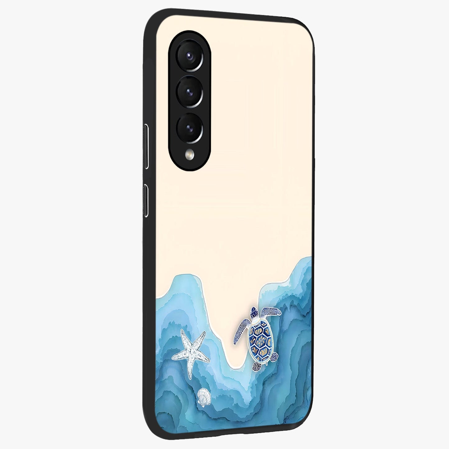 Ocean Drift Turtle Glass Case upright view showcasing calm underwater turtle artwork with nature inspired theme.