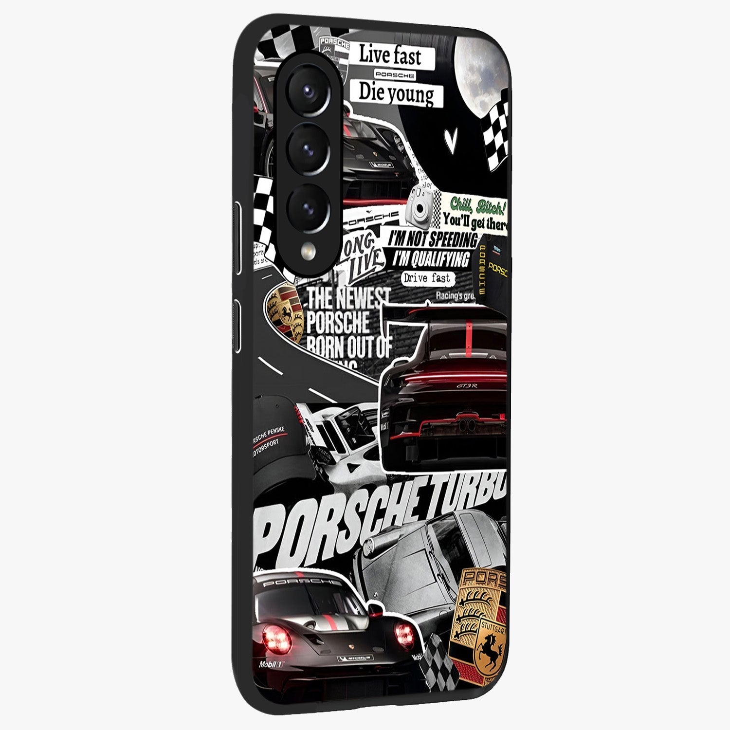 Porsche Racing Collage Glass Case upright view showcasing energetic car collage artwork with high speed racing theme.
