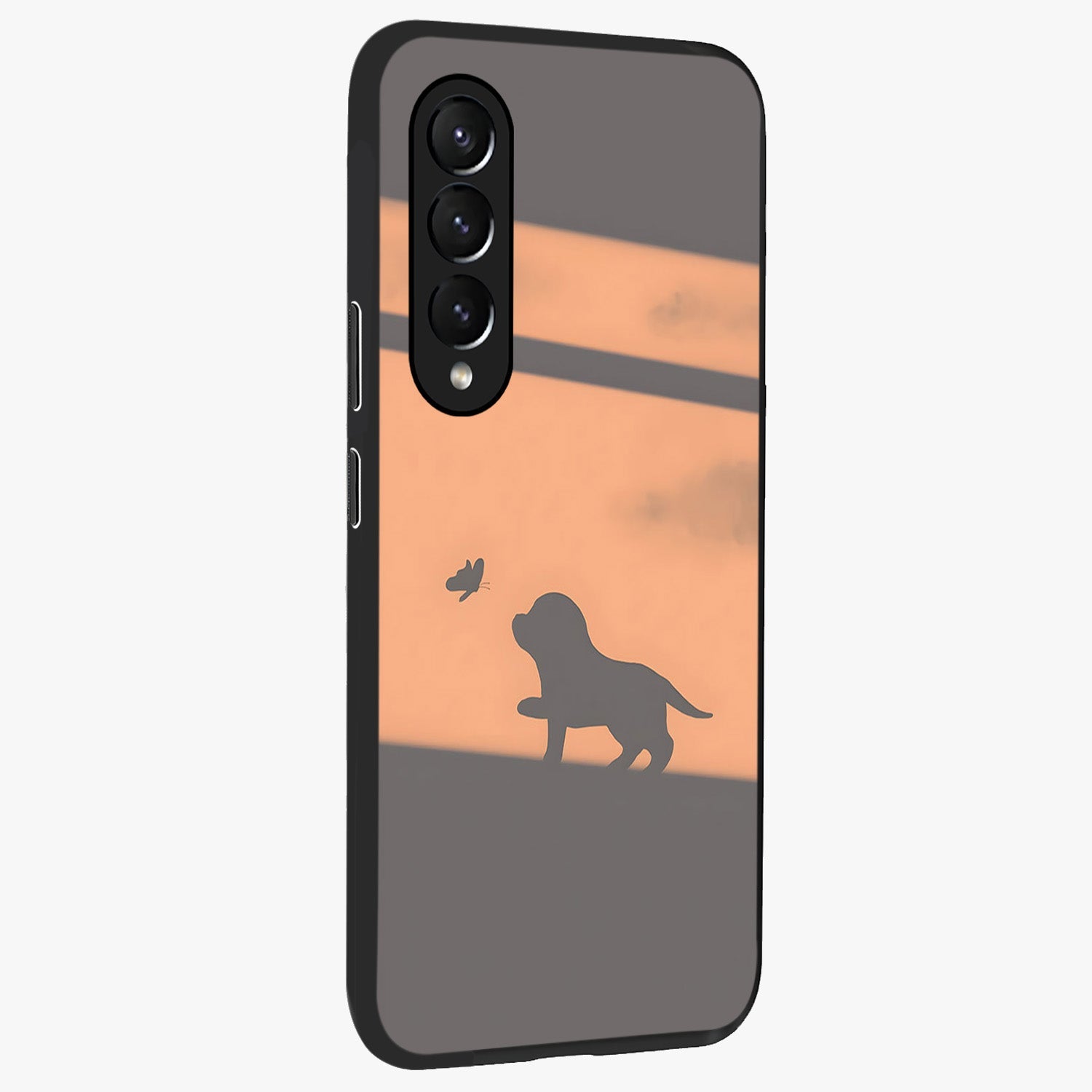 Puppy Shadow Art Glass Case upright view showcasing charming puppy artwork with creative silhouette theme.