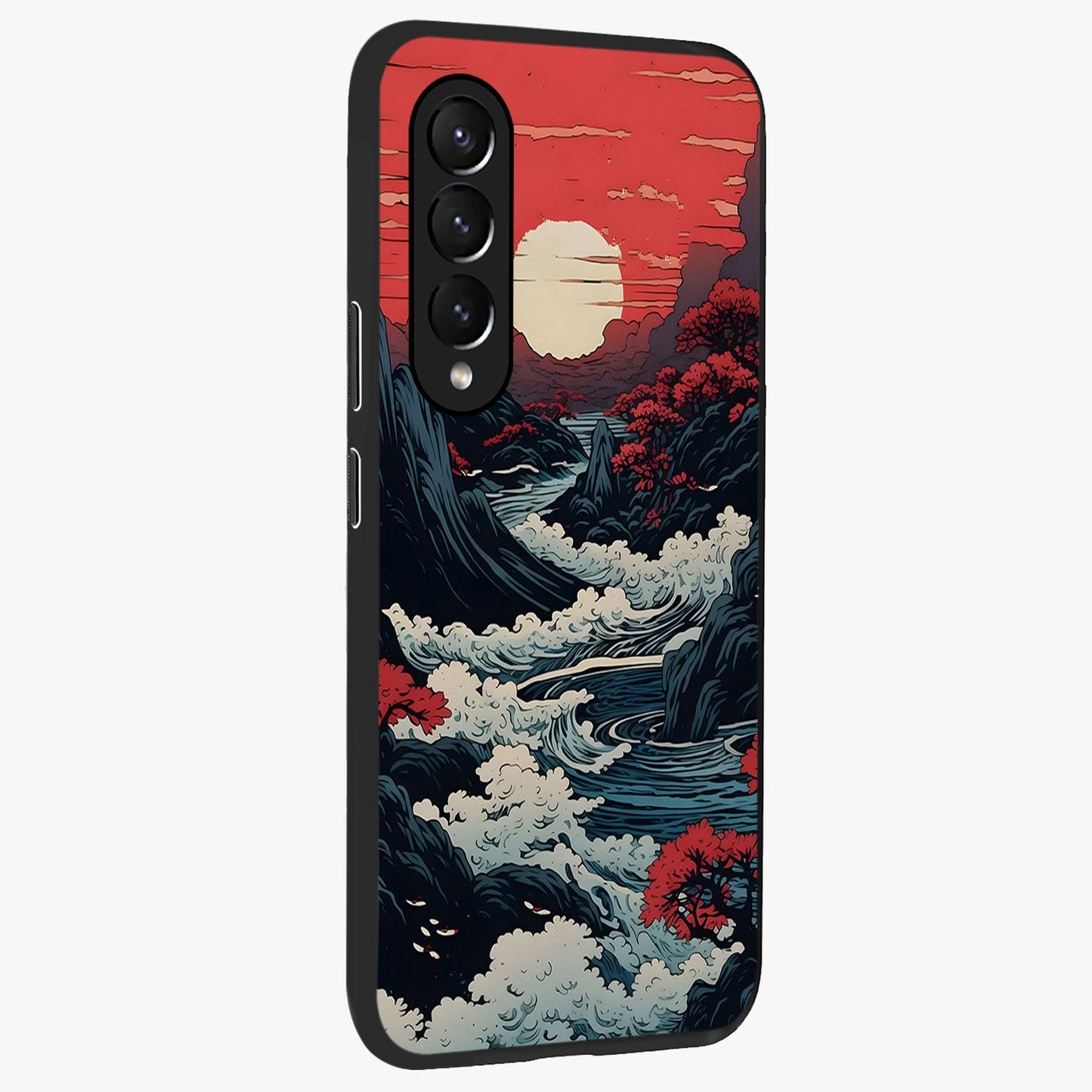 Red Sunset Scenery Glass Case upright view showcasing dramatic sunset scenery artwork with warm nature theme.
