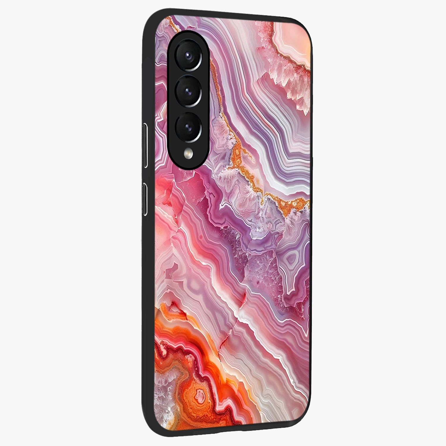Rose Quartz Marble Glass Case upright view showcasing decorative marble artwork with luxurious pastel theme.