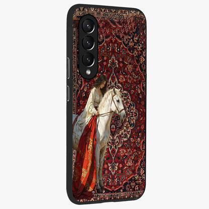 Royal Rider Tapestry Glass Case upright view showcasing detailed rider artwork with classic tapestry theme.