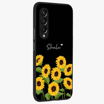 Sunflower Chic Mood Custom Name Glass Case upright view showcasing cheerful sunflower artwork with trendy floral theme.
