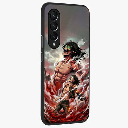 Titan Awakening Fury Glass Case upright view showcasing intense titan artwork with epic fantasy theme.