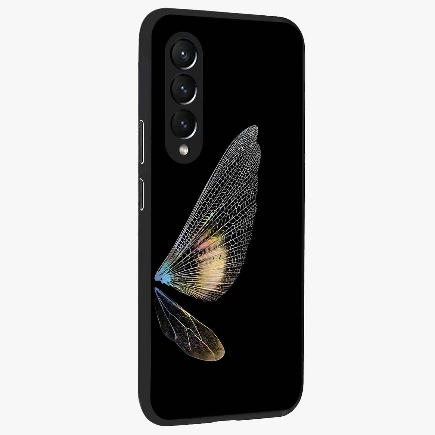 Whispers Of Wings Glass Case upright view showcasing elegant wing artwork with light airy theme.