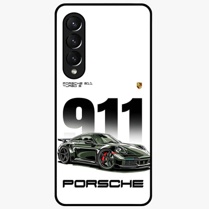 911 Turbo Dominance Glass Case showing clean flat back view with bold 911 sports car artwork and glossy glass finish.