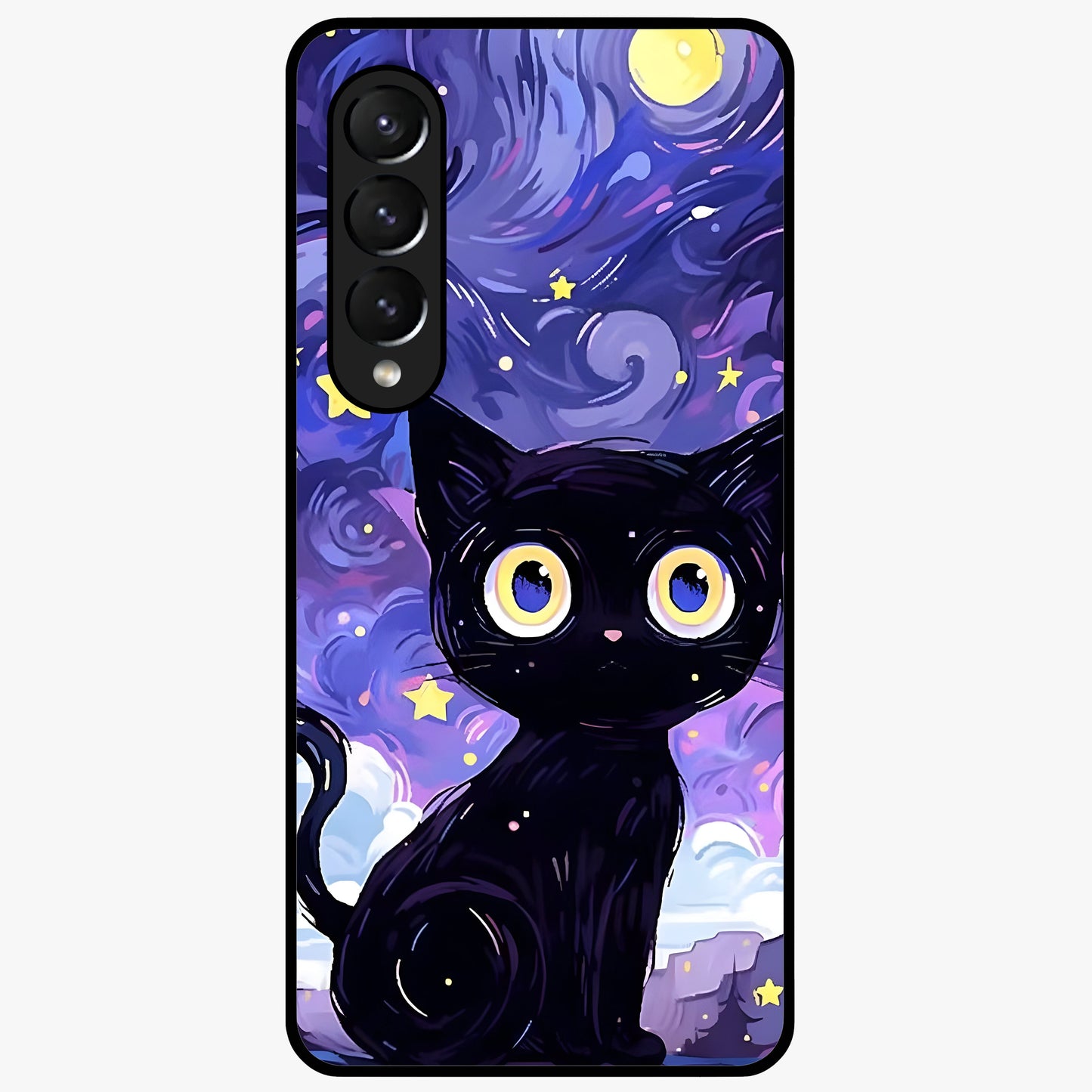Abstract Cat Art Glass Case showing flat back view with artistic cat illustration and glossy glass finish.