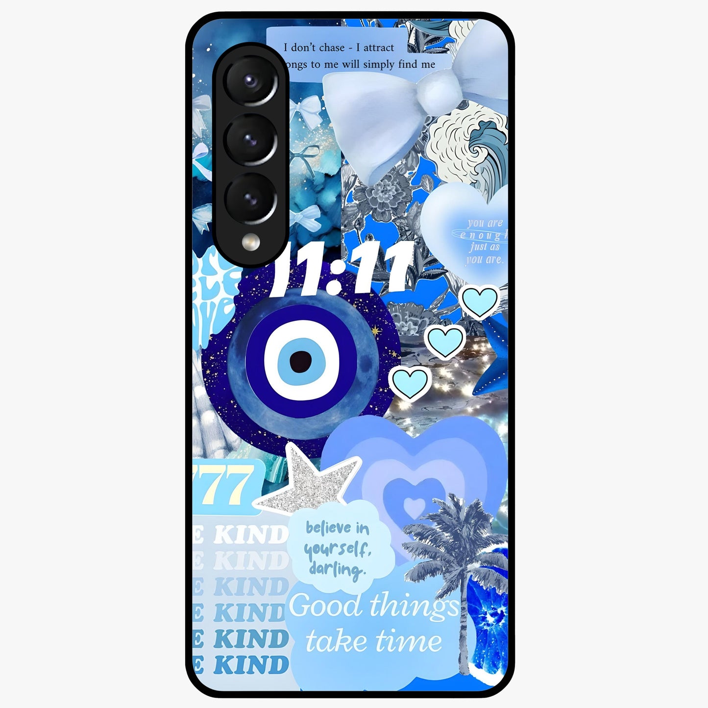 Aesthetic Be Kind Eye Glass Case showing flat back view with motivational eye artwork and glossy glass finish.