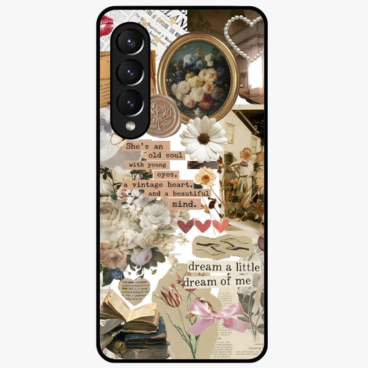 Aesthetic Brown Vintage Collage Glass Case showing flat back view with retro collage artwork and glossy glass finish.