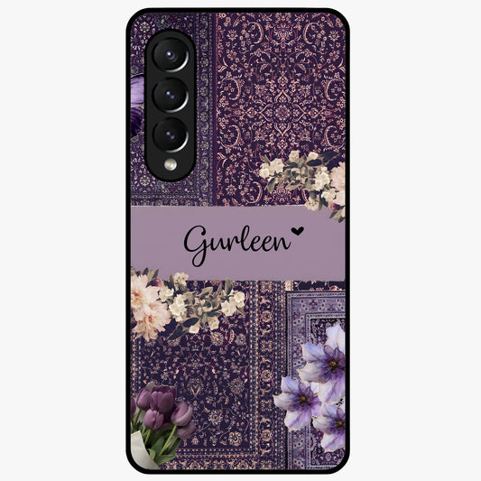 Antique Floral Whisper Custom Name Glass Case showing flat back view with vintage floral artwork and personalized name design.