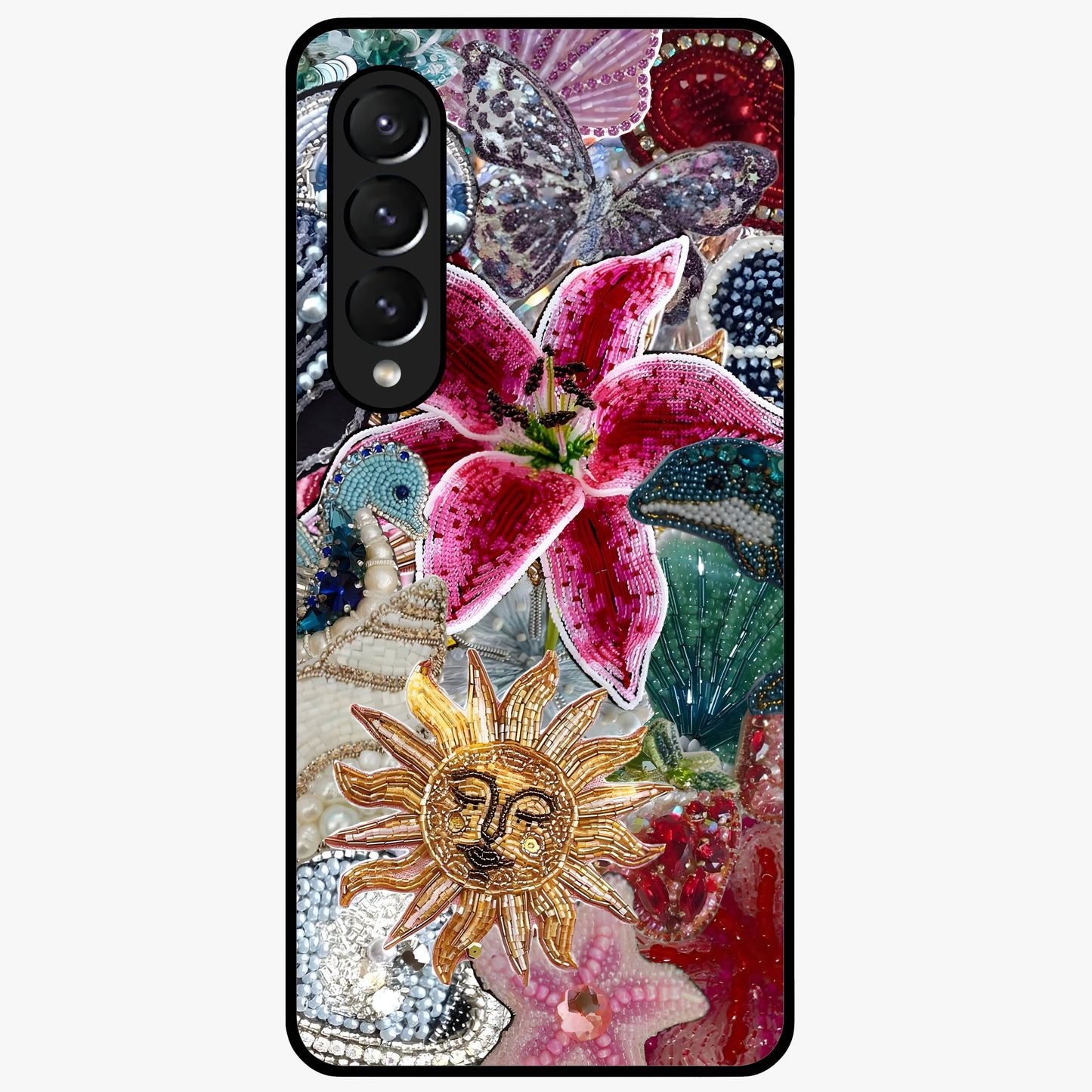 Beaded Garden Fantasy Glass Case showing flat back view with dreamy garden bead artwork and glossy glass finish.
