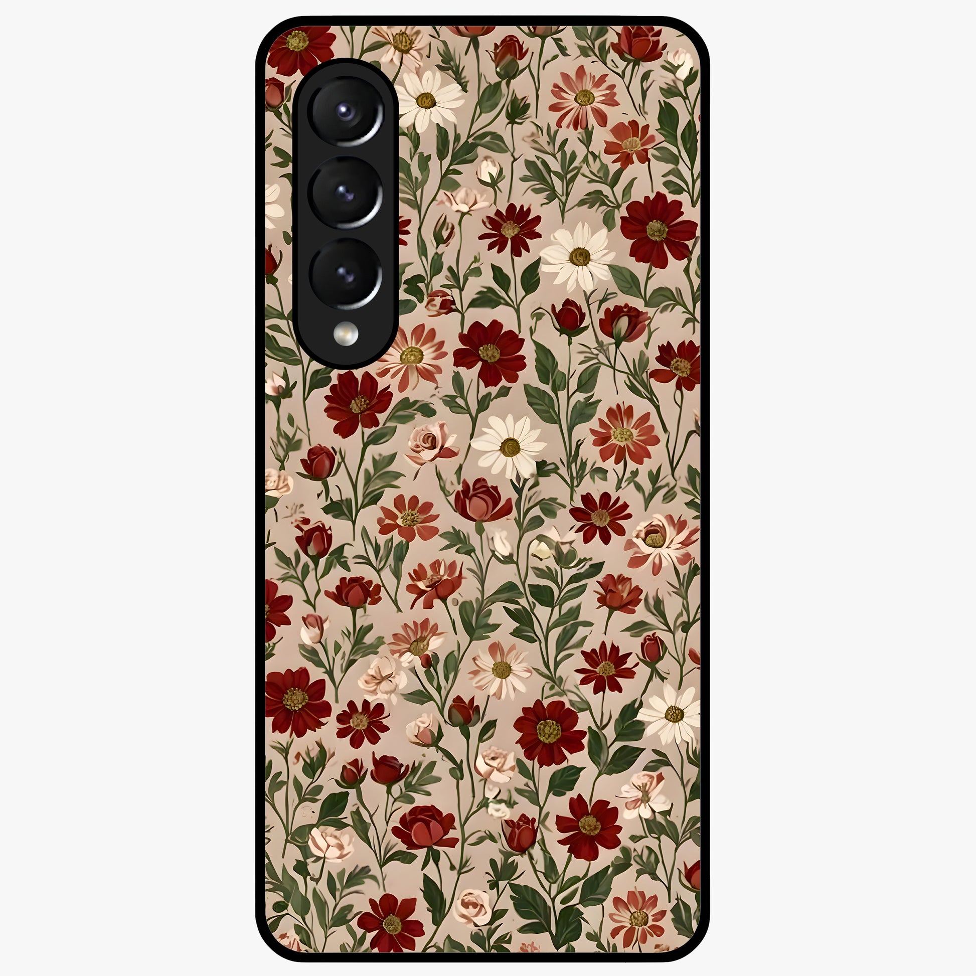Biege Flower With Leaf Glass Case showing flat back view with soft beige floral artwork and glossy glass finish.