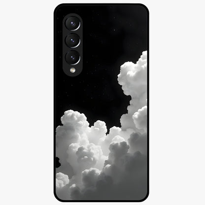 Black Background With White Cloud Glass Case showing flat back view with minimal cloud artwork on dark background and glossy glass finish.