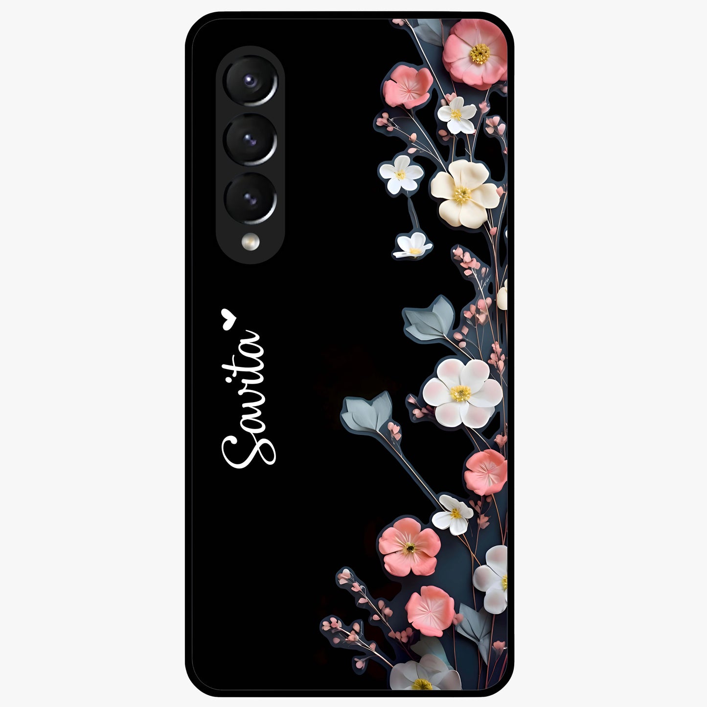 Black Elegance Floral Custom Name Glass Case showing flat back view with elegant floral artwork and personalized name design.