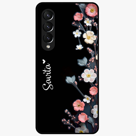 Black Elegance Floral Custom Name Glass Case showing flat back view with elegant floral artwork and personalized name design.