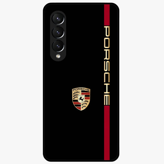 Black Minimal Porsche Glass Case showing flat back view with sleek minimal sports car artwork and glossy glass finish.