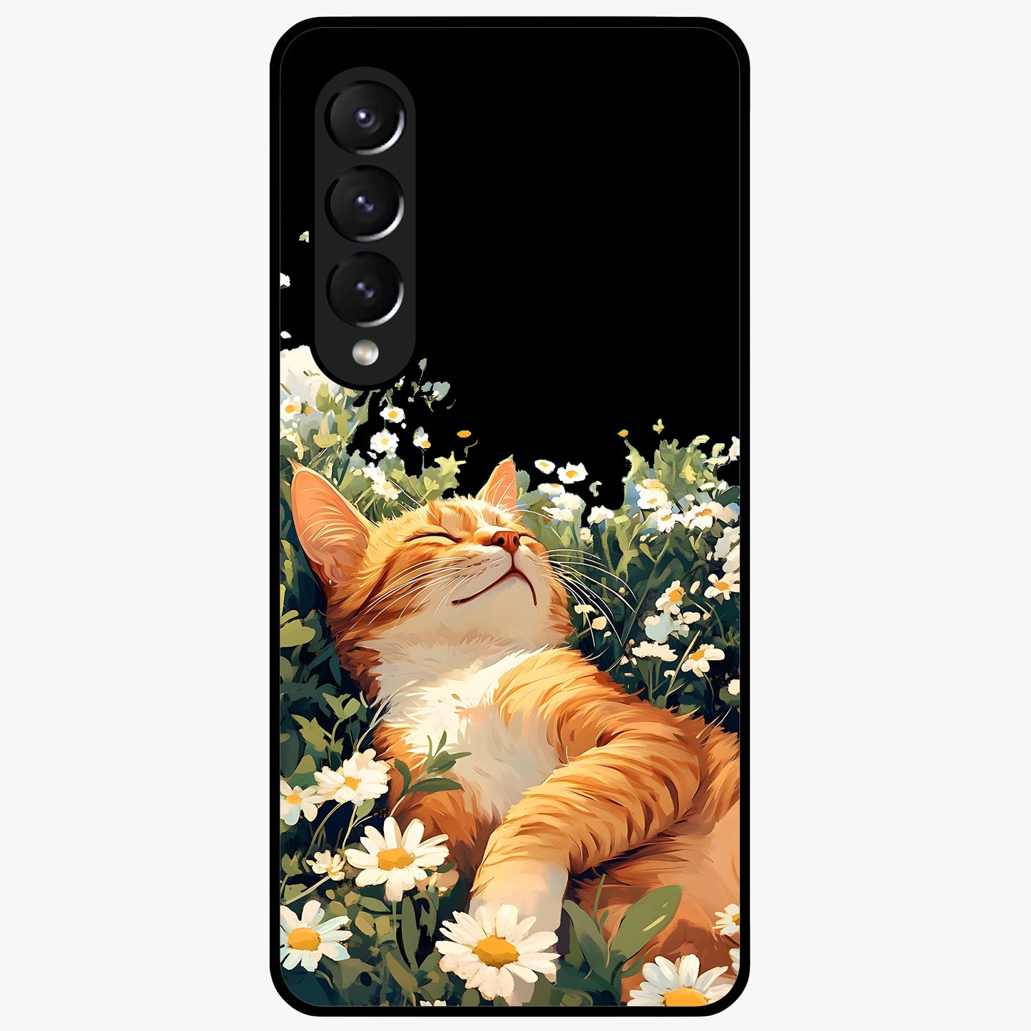 Blissful Bloom Cat Glass Case showing flat back view with cute cat and floral bloom artwork and glossy glass finish.