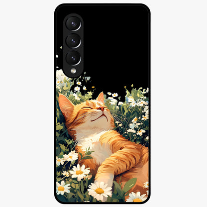 Blissful Bloom Cat Glass Case showing flat back view with cute cat and floral bloom artwork and glossy glass finish.