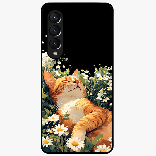 Blissful Bloom Cat Glass Case showing flat back view with cute cat and floral bloom artwork and glossy glass finish.