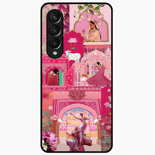 Blossoms of Rajasthan Glass Case showing flat back view with traditional floral artwork inspired by Rajasthan and glossy glass finish.