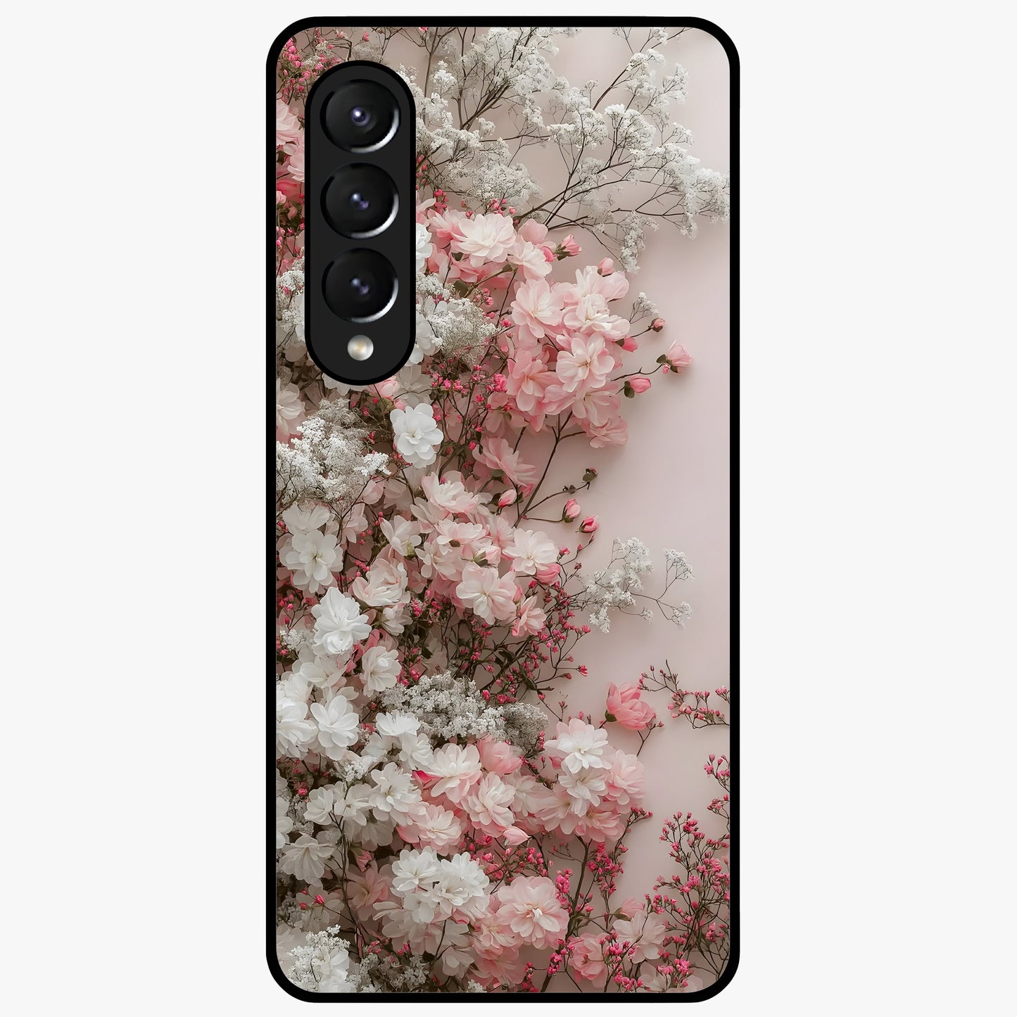 Blush Blossom Cloud Glass Case showing flat back view with dreamy blush cloud blossom artwork and glossy glass finish.