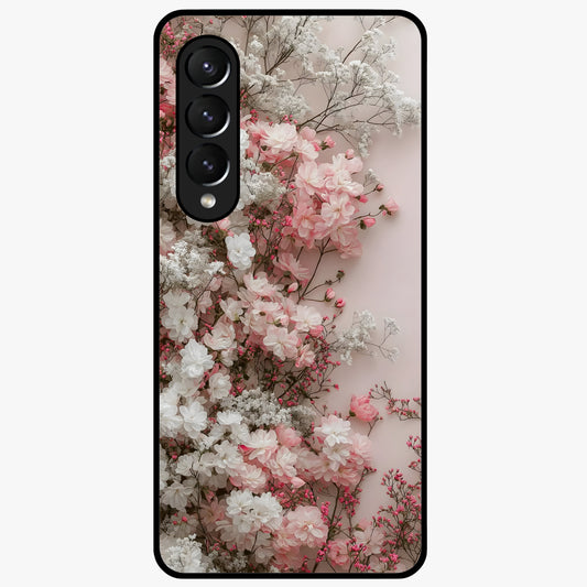 Blush Blossom Cloud Glass Case showing flat back view with dreamy blush cloud blossom artwork and glossy glass finish.