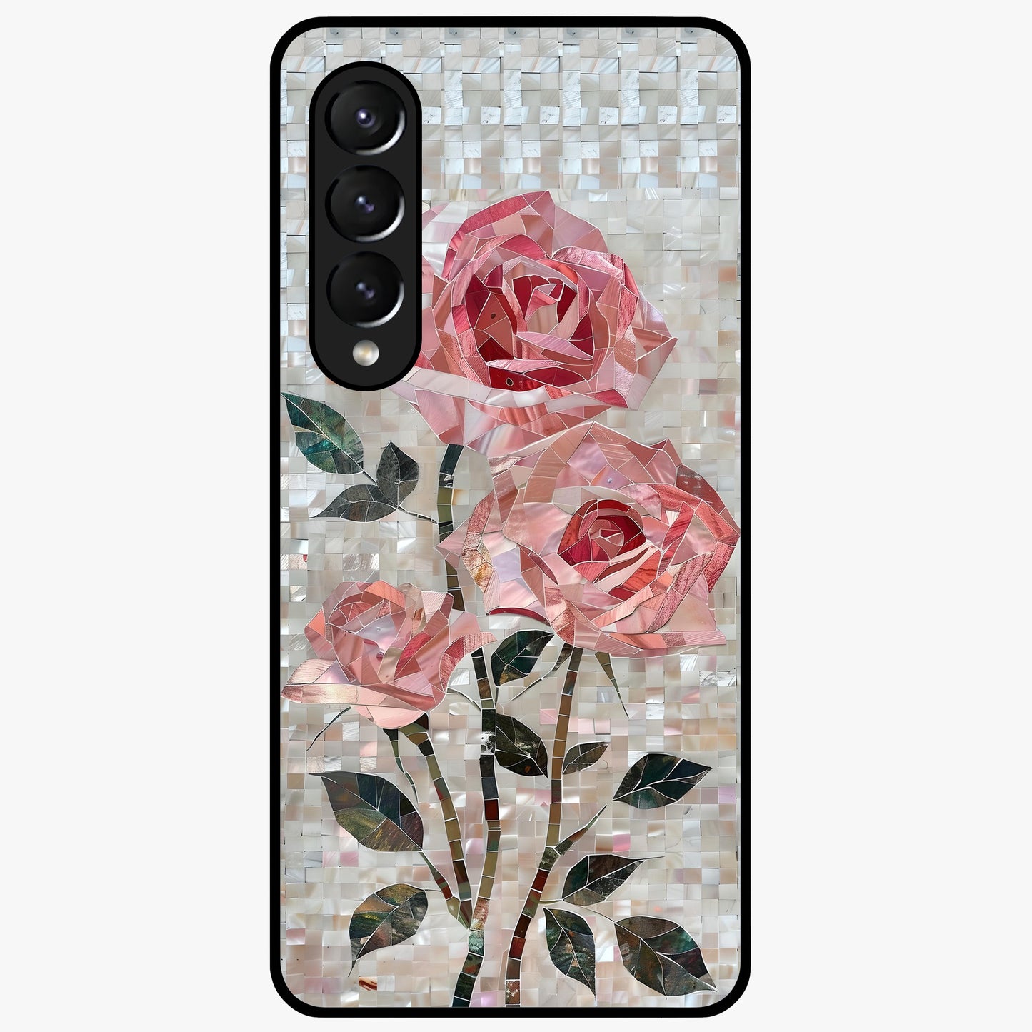 Blush Mosaic Bloom Glass Case showing flat back view with mosaic floral bloom artwork and glossy glass finish.