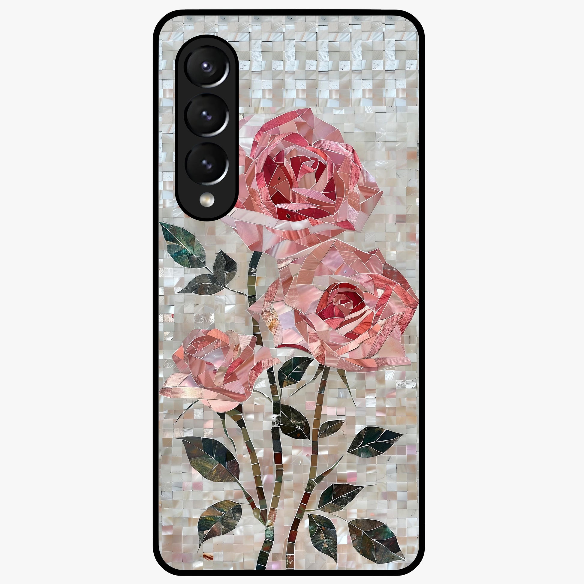 Blush Mosaic Bloom Glass Case showing flat back view with mosaic floral bloom artwork and glossy glass finish.